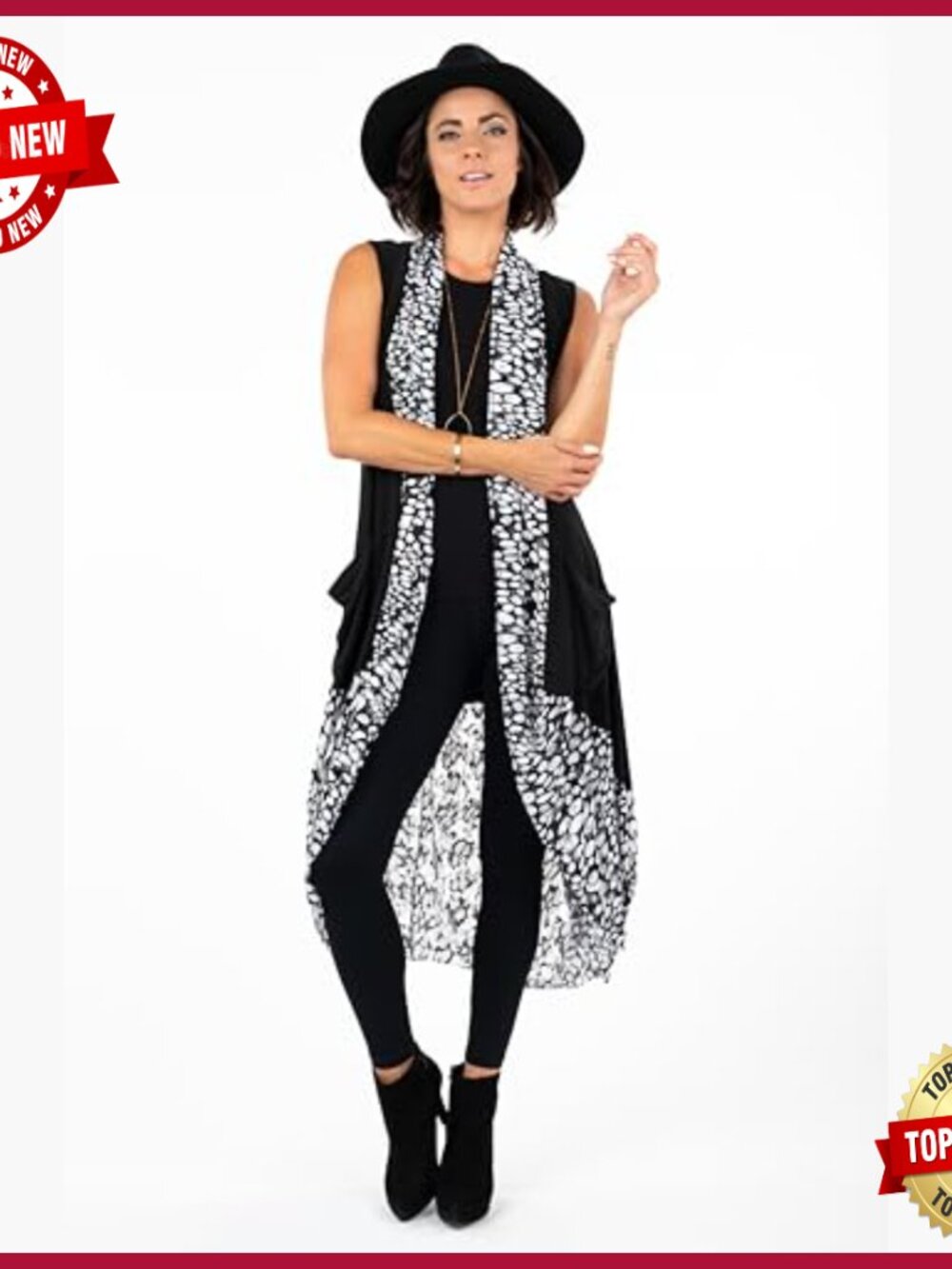 Printed Long Duster with Pockets, Sleeveless Open Front Cardigan - Picture 4 of 5